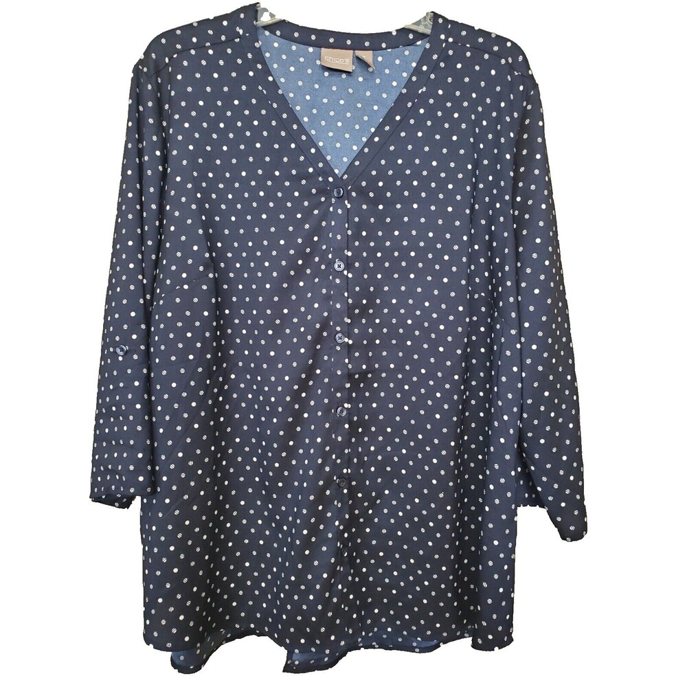 Chico's Blue Dotted Button-Cuff Button-Up Tunic S… - image 1
